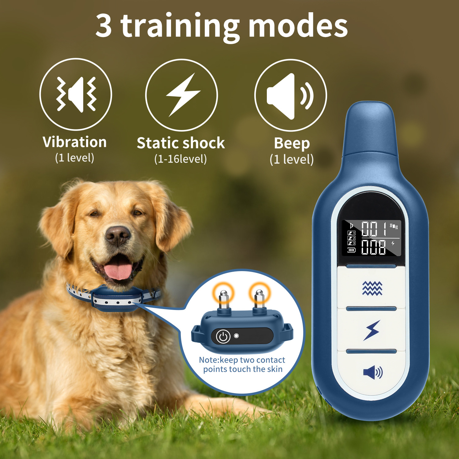 Electric Dog Training Collar with Remote Control, Waterproof, 16 Adjustable Shock Levels, 1000 m Range, Beep and Vibration Modes