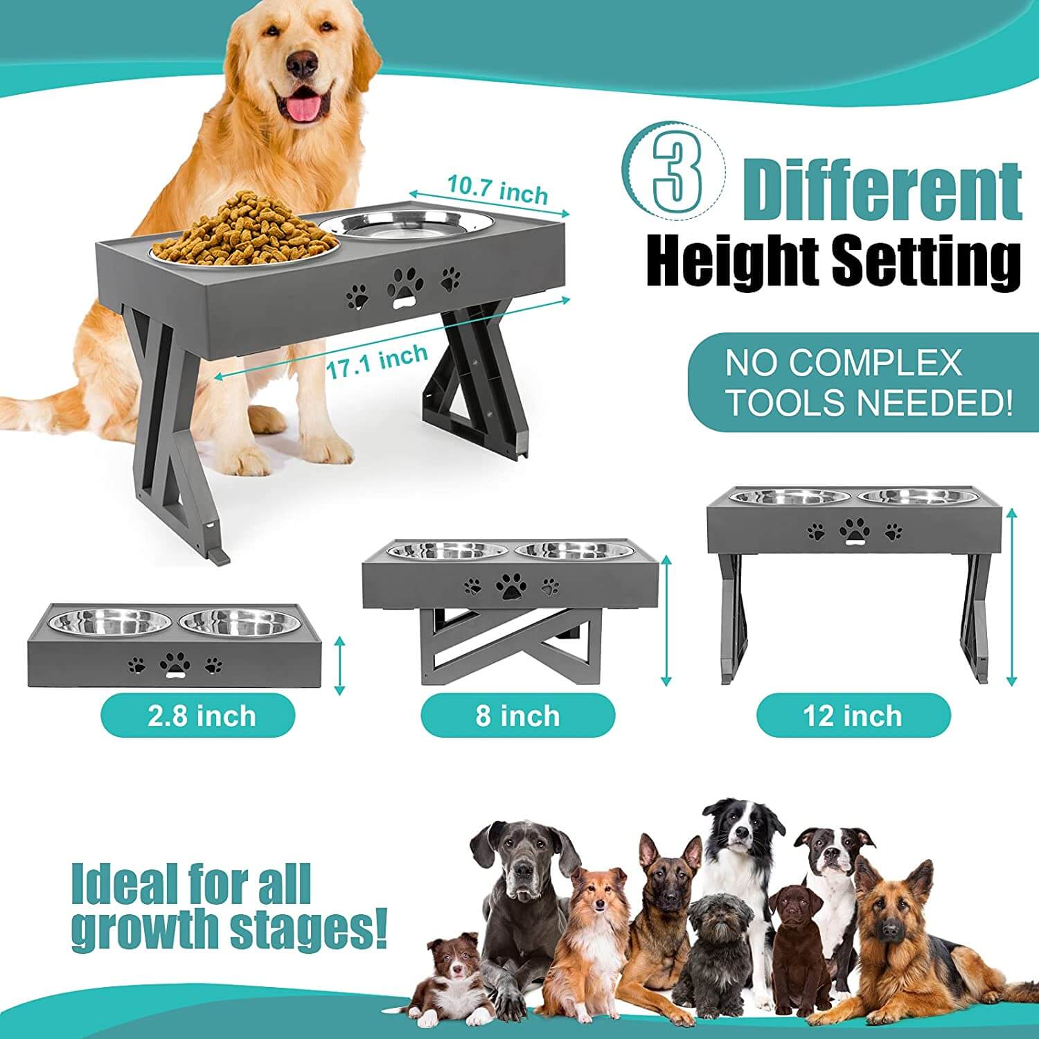Elevated Bowls for Dogs - Adjustable Raised Bowl Dog Feeder