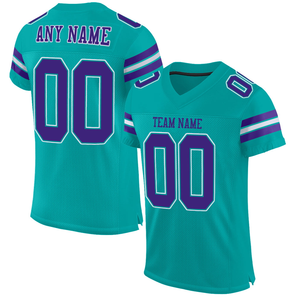 Custom Aqua Purple-White Mesh Football Jersey