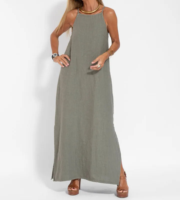 legant Solid Color Cotton Linen Sleeveless Long Dress