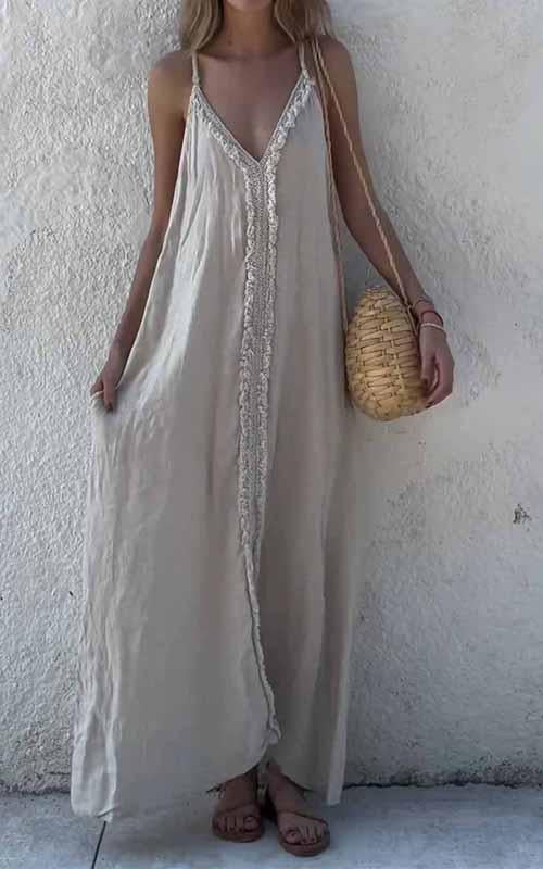 Women's V-neck Solid Color Cotton and Linen Suspender Dress