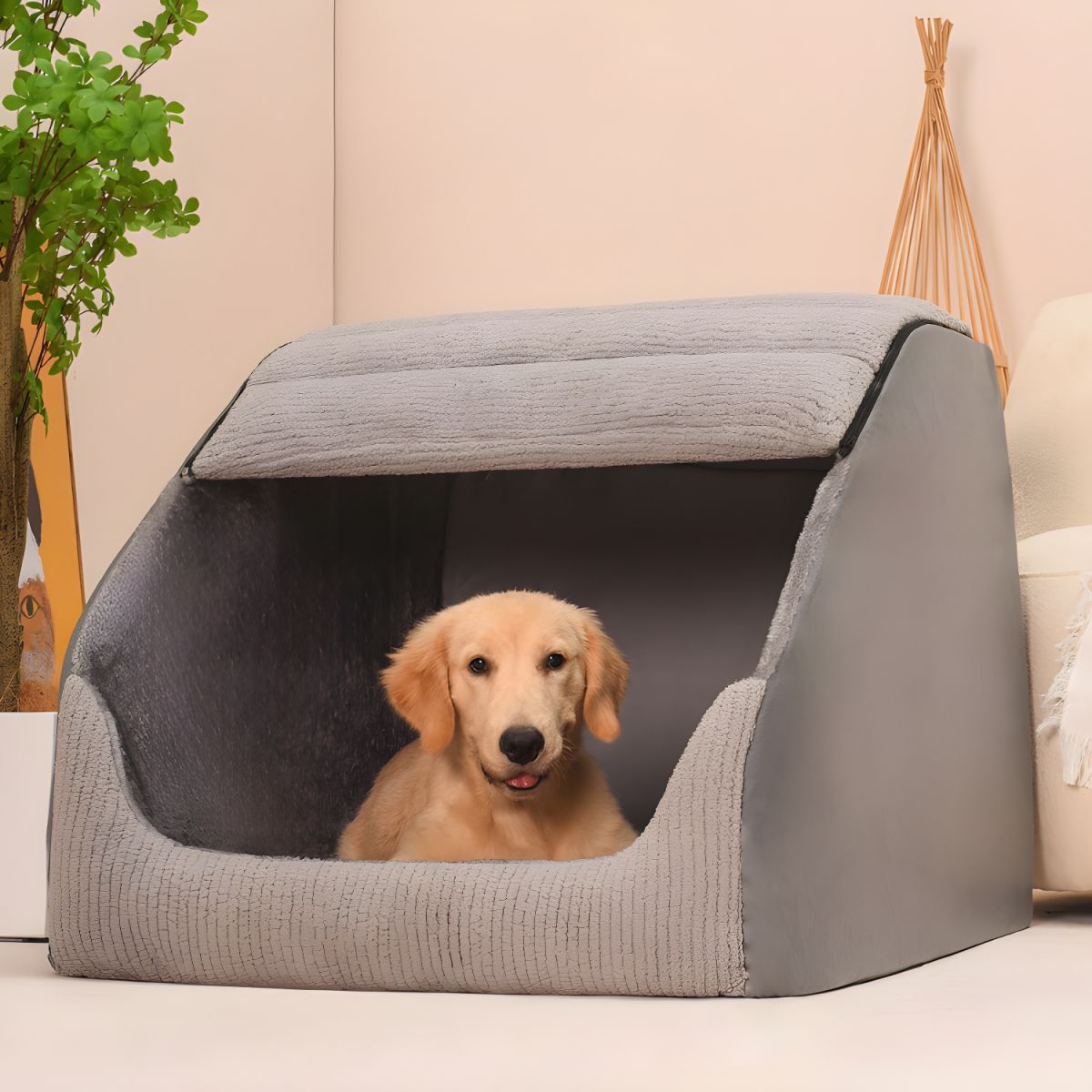Warm Flannel Detachable Semi-Enclosed Large Dog Tent Bed