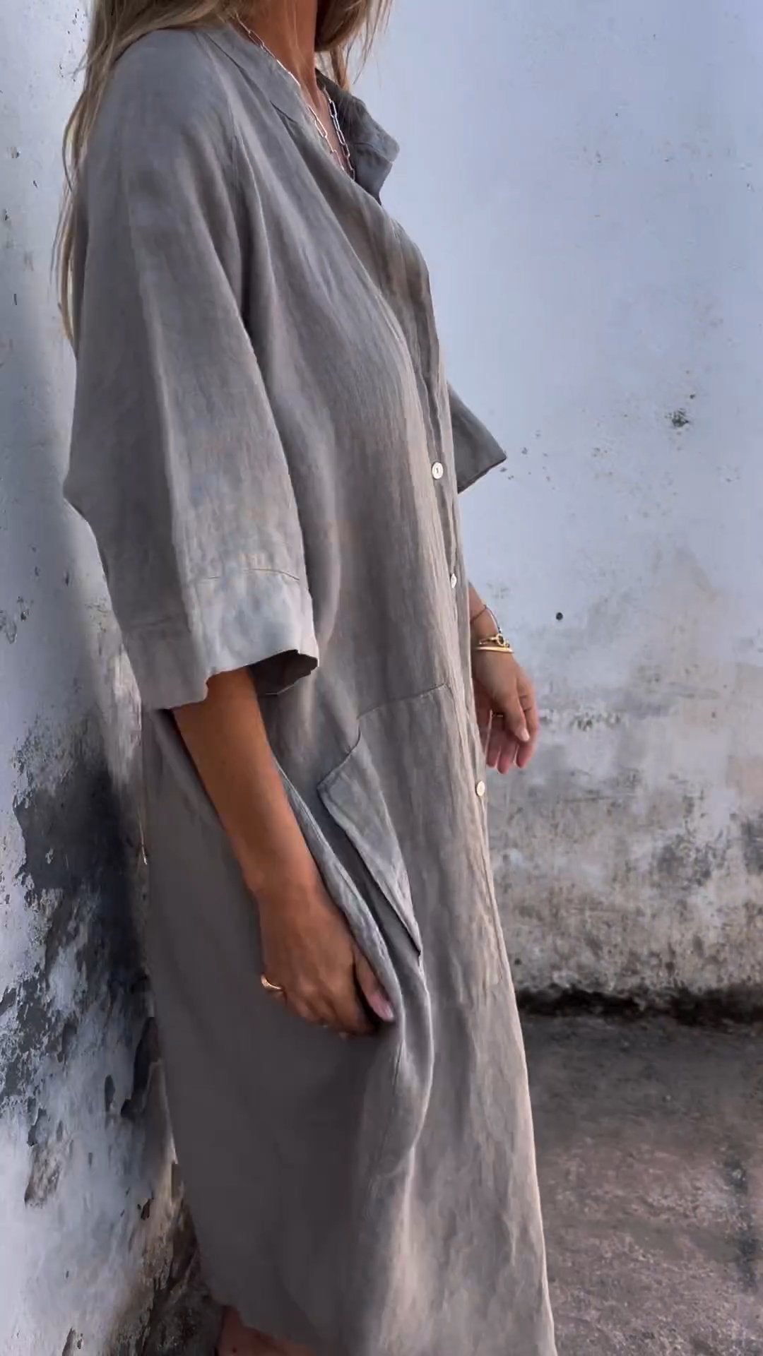  Cotton and Linen Shirt Dress with Pockets Long Skirt Hemp Gray 👗