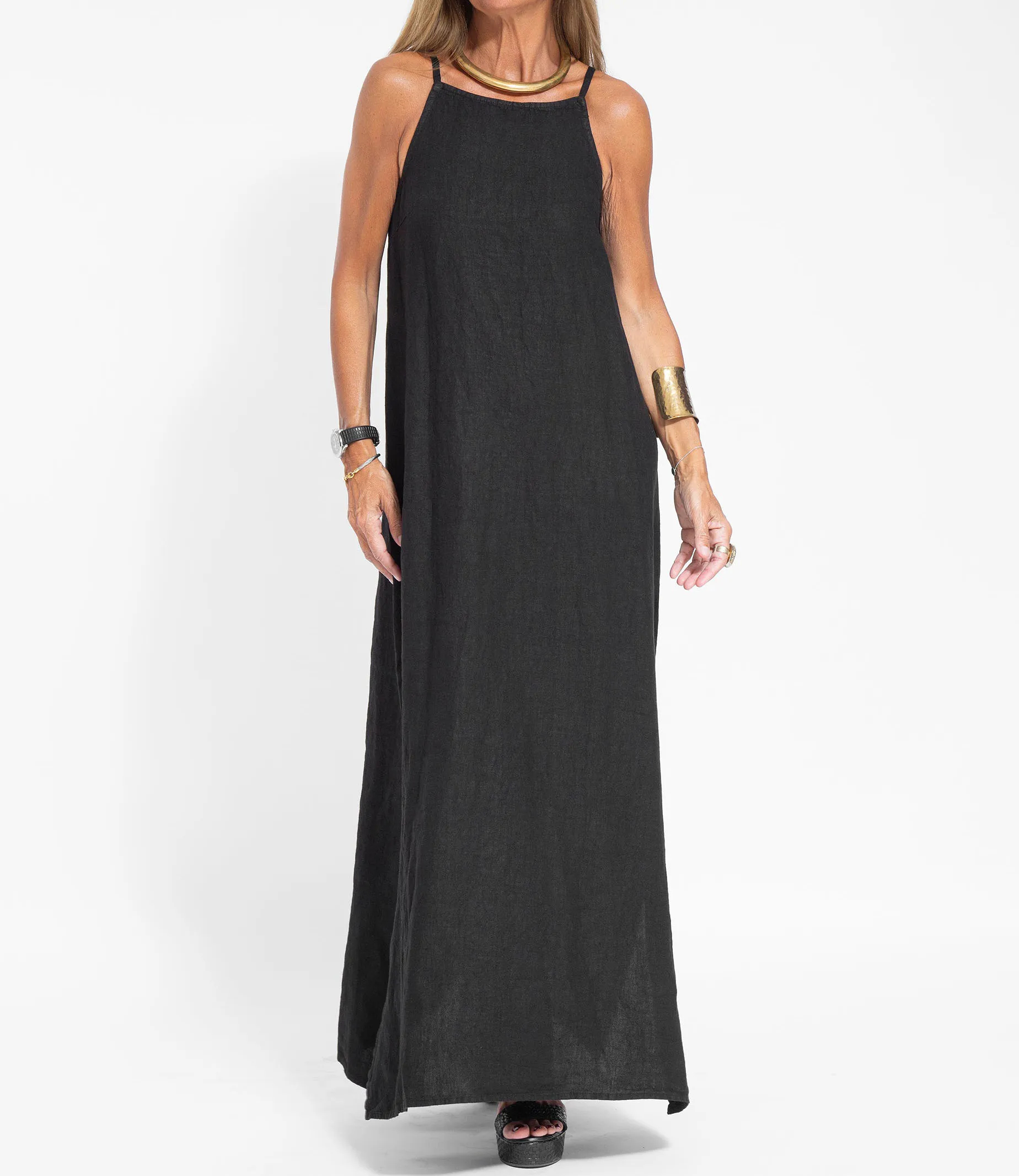 legant Solid Color Cotton Linen Sleeveless Long Dress