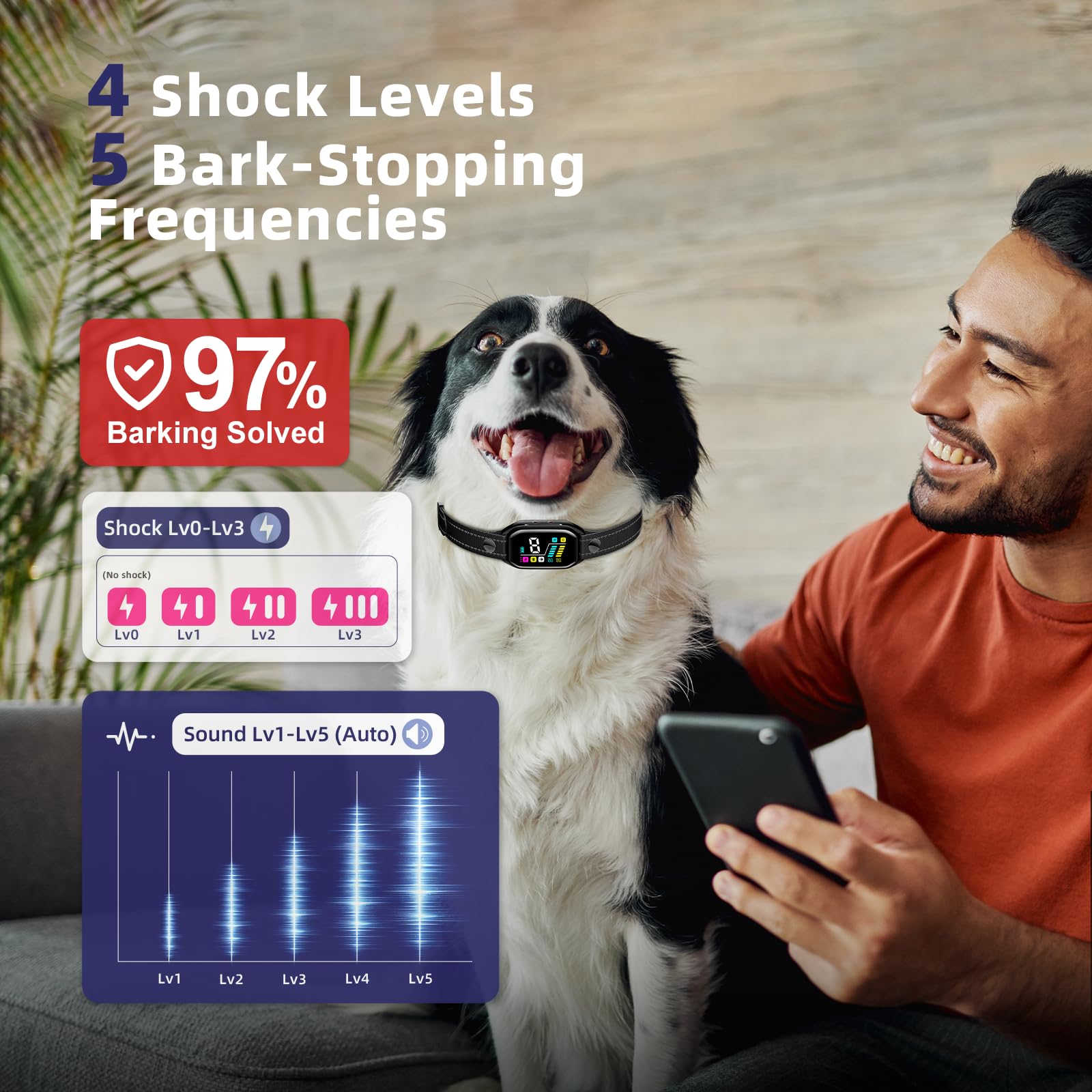 Rechargeable Anti Barking Dog Collar，Smart Collar with Bark Frequency Detection, 3 Sound Modes, Vibration/Static Shock, Suitable for All Dogs, IP67 Waterproof Colour Screen