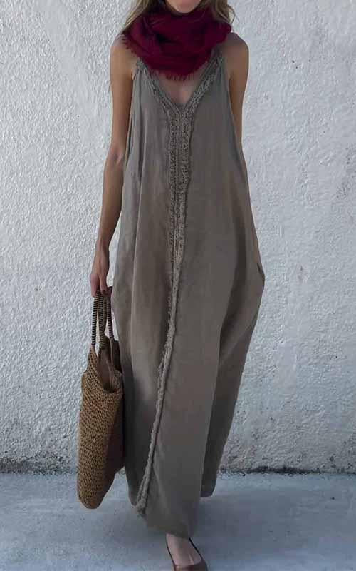 Women's V-neck Solid Color Cotton and Linen Suspender Dress 🔥