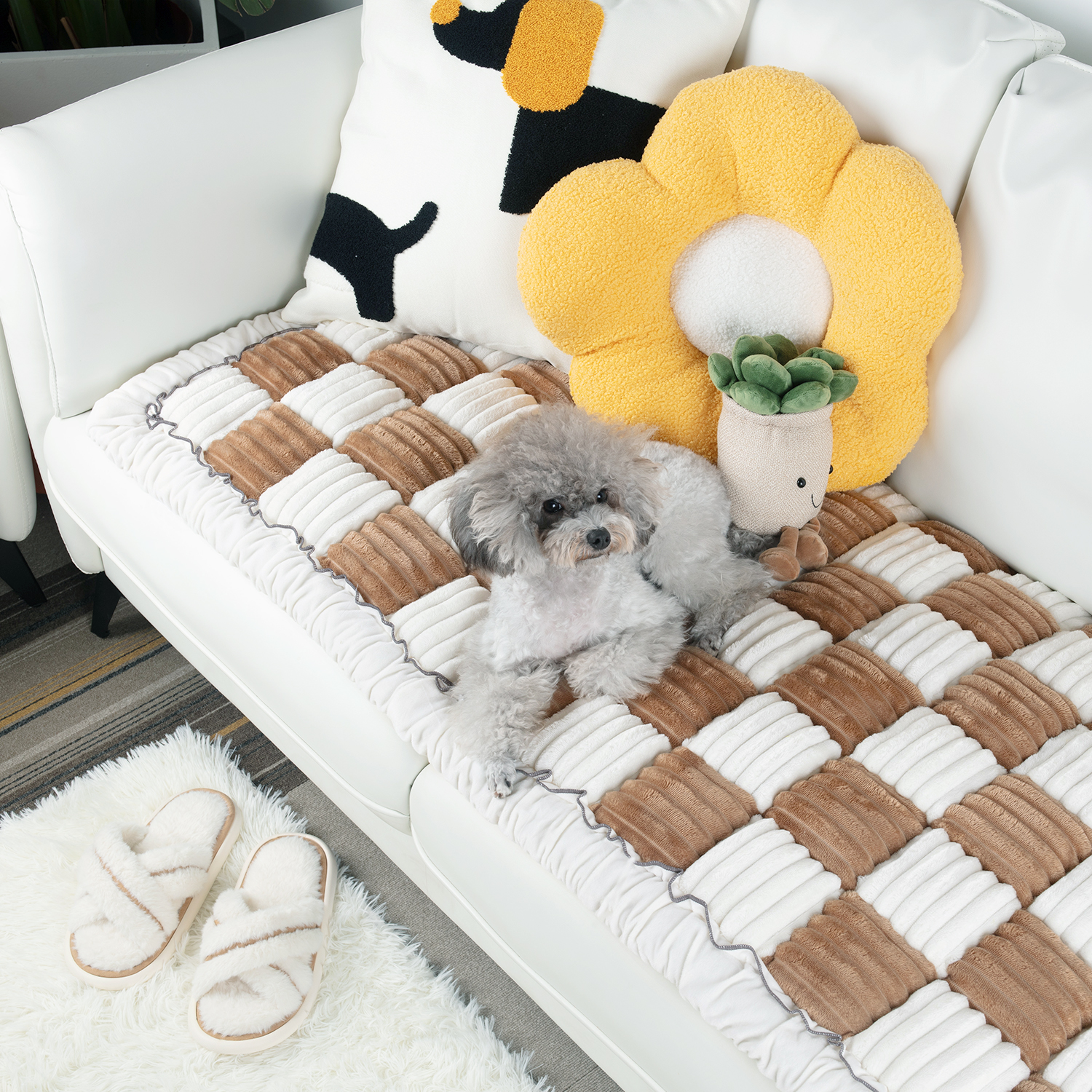 Cream-coloured Large Plaid Square Pet Mat Bed Couch Cover