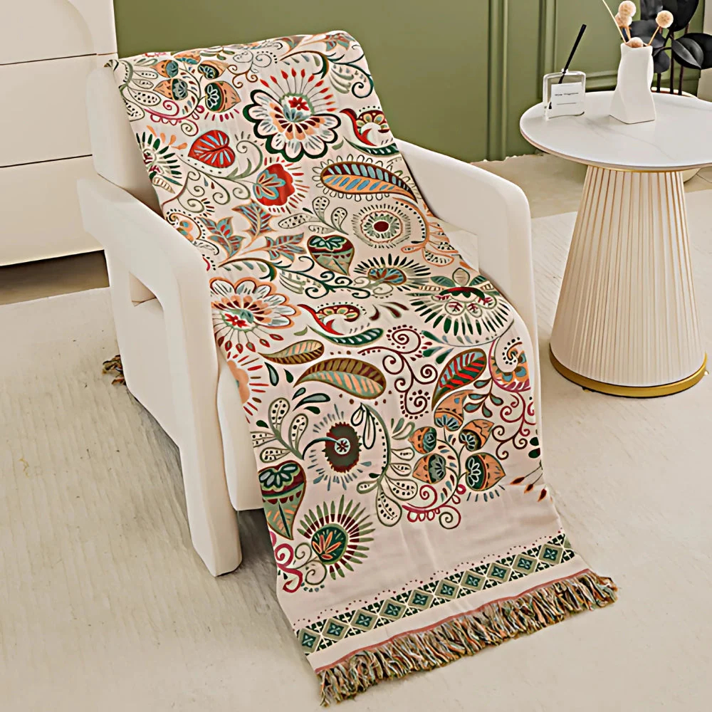 Reversible Boho Blanket, Cotton Gauze, Floral Design, Lightweight with Tasselled Edges