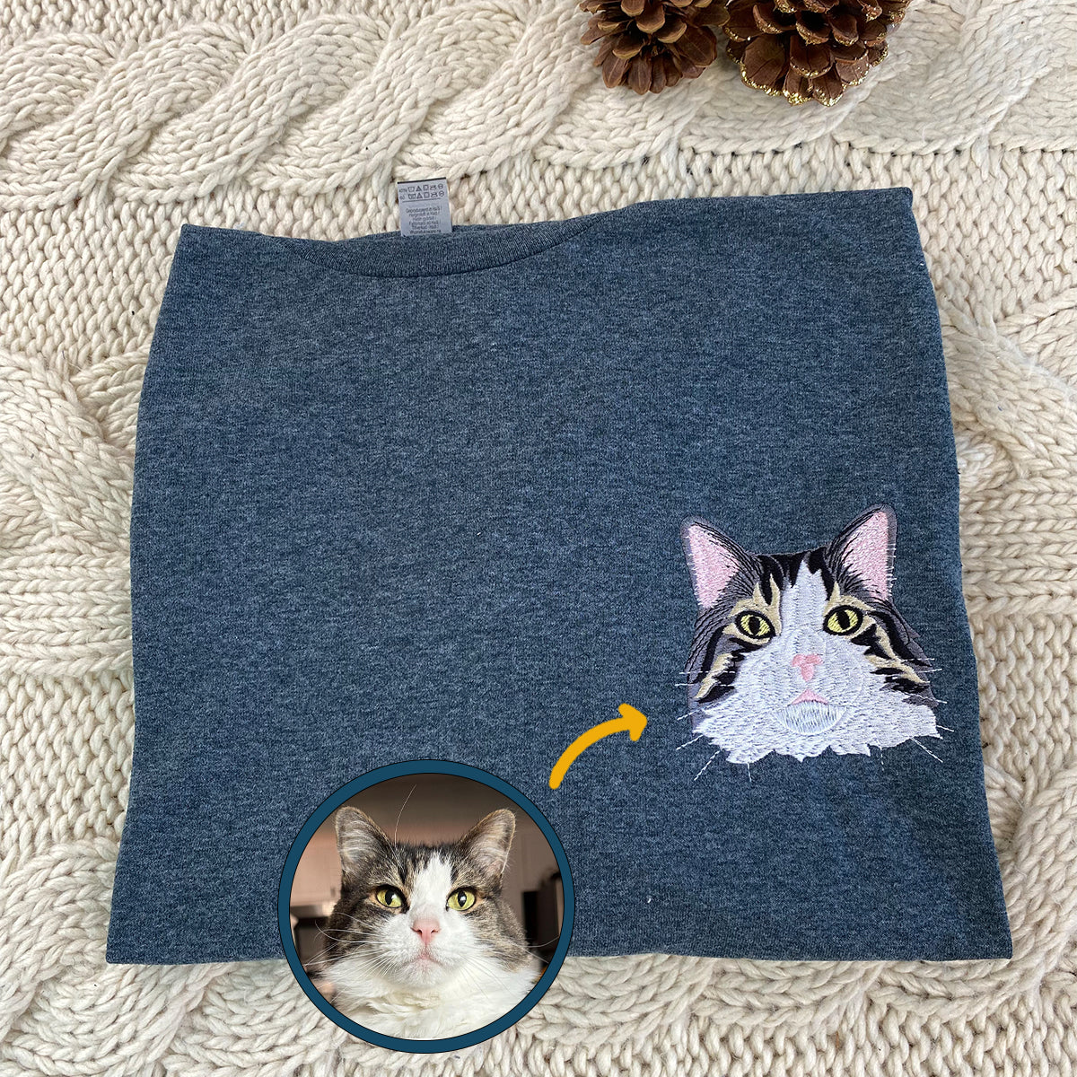 Custom Embroidered Cat Portrait Sweatshirt Hoodie Using Cat Photo, Best for Cat Lover