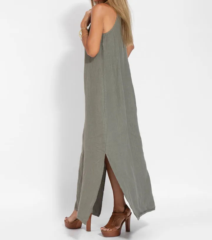 legant Solid Color Cotton Linen Sleeveless Long Dress