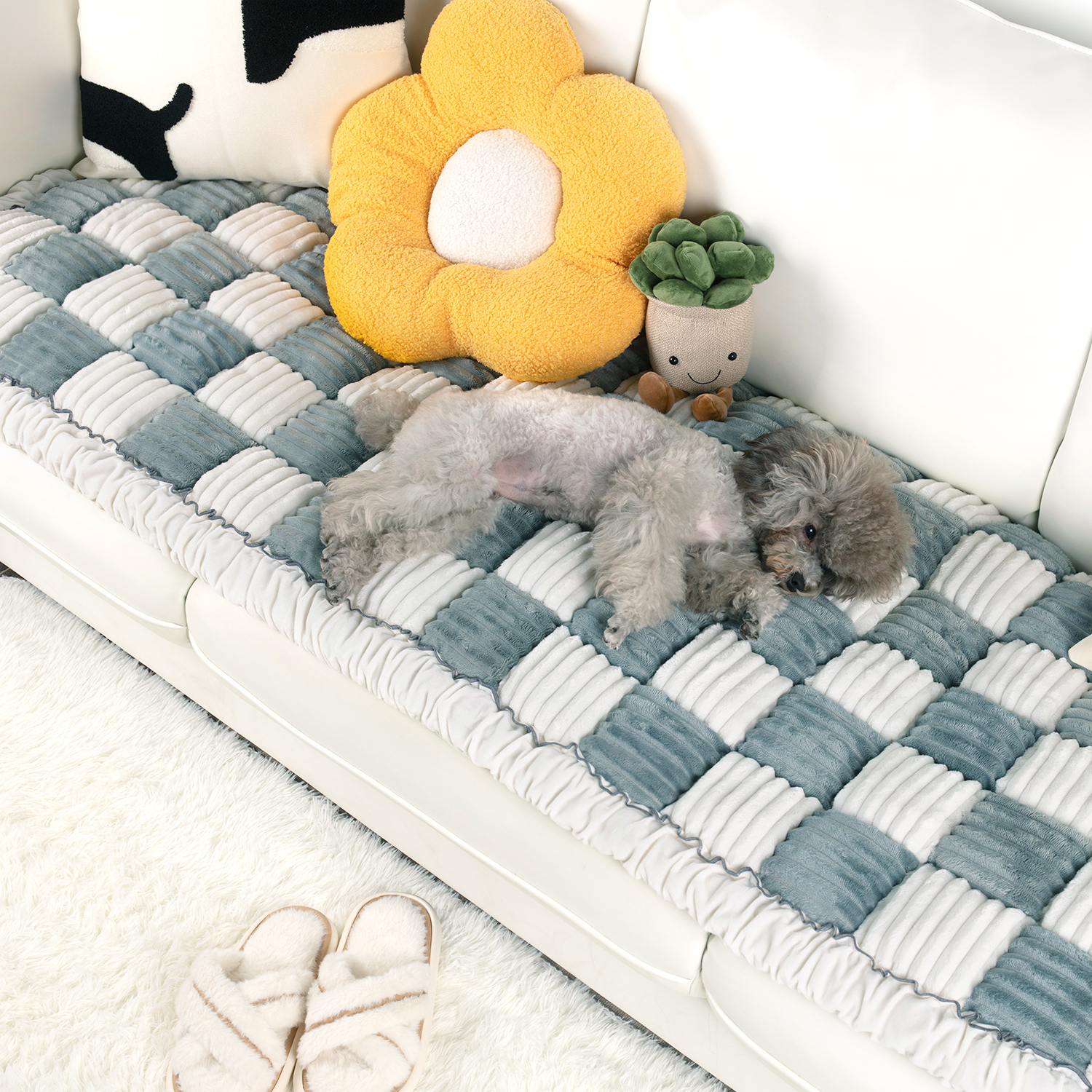 Cream-coloured Large Plaid Square Pet Mat Bed Couch Cover