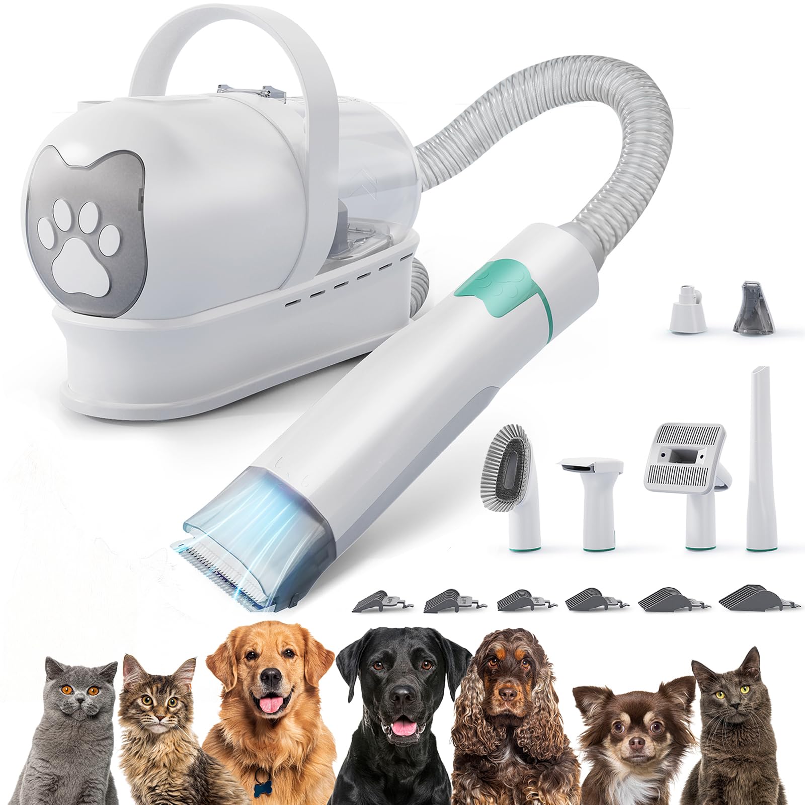 Pet Grooming Vacuum Kit, 7 in 1 Grooming Tools with Professional Clippers for All Furry Pets