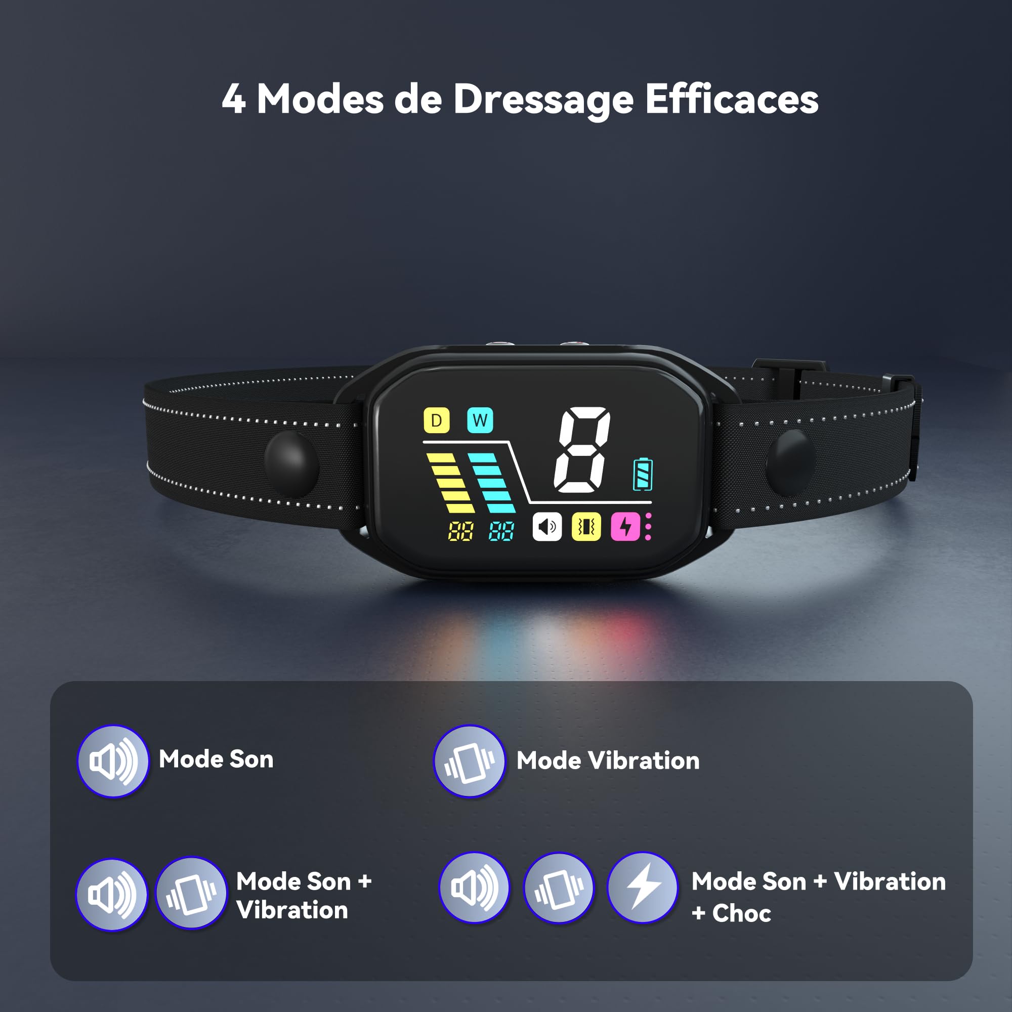 Rechargeable Anti Barking Dog Collar，Smart Collar with Bark Frequency Detection, 3 Sound Modes, Vibration/Static Shock, Suitable for All Dogs, IP67 Waterproof Colour Screen