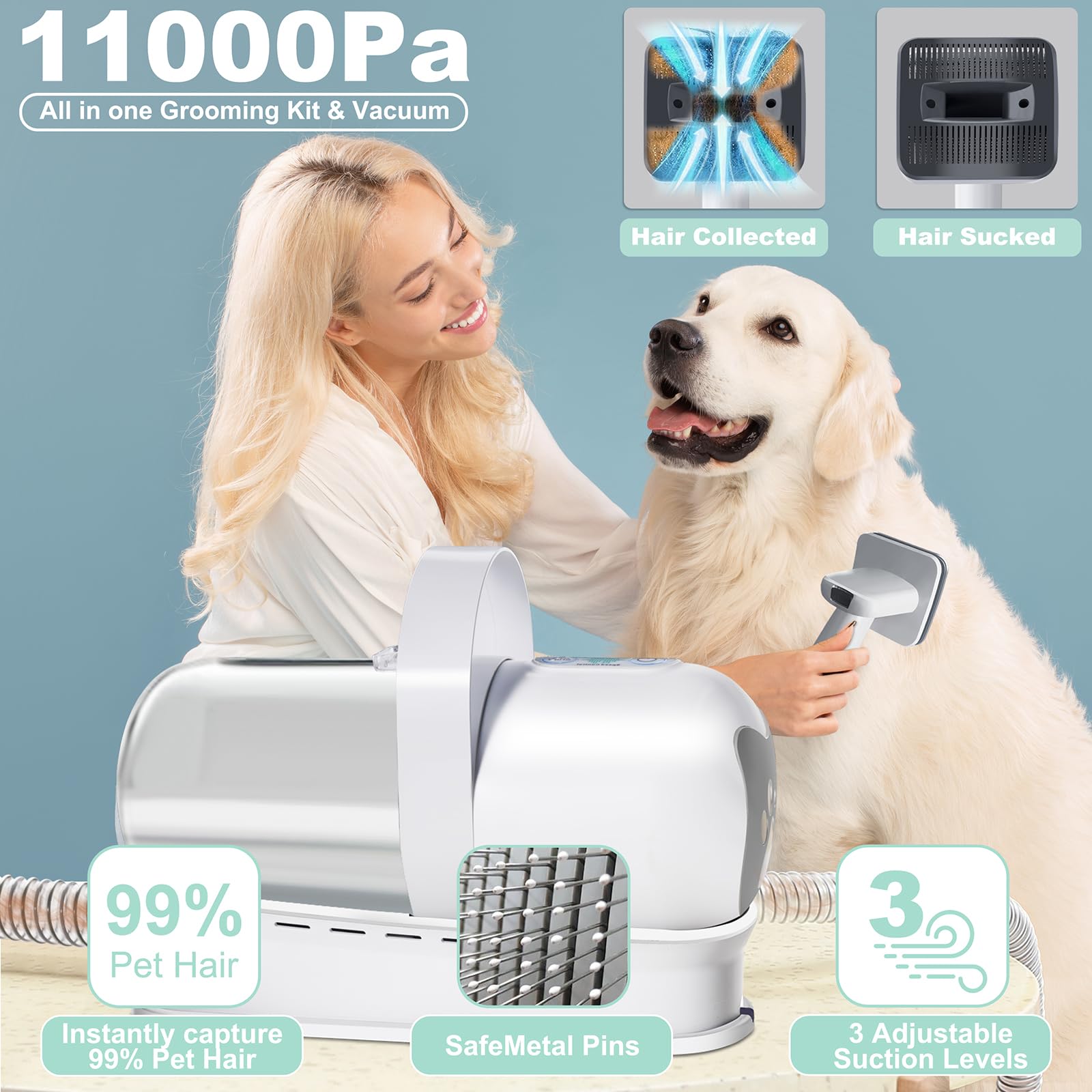 Pet Grooming Vacuum Kit, 7 in 1 Grooming Tools with Professional Clippers for All Furry Pets