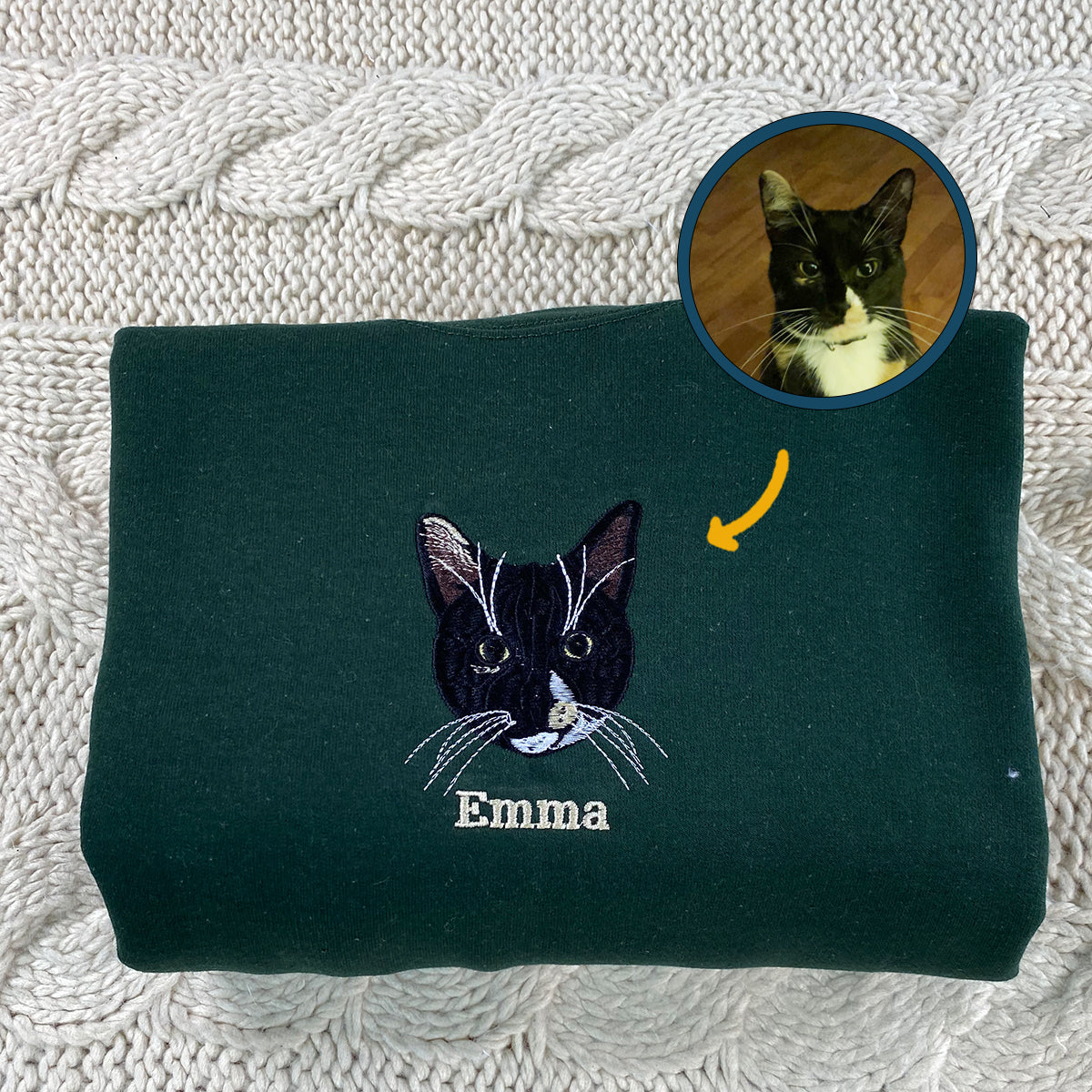 Custom Embroidered Cat Portrait Sweatshirt Hoodie Using Cat Photo, Best for Cat Lover