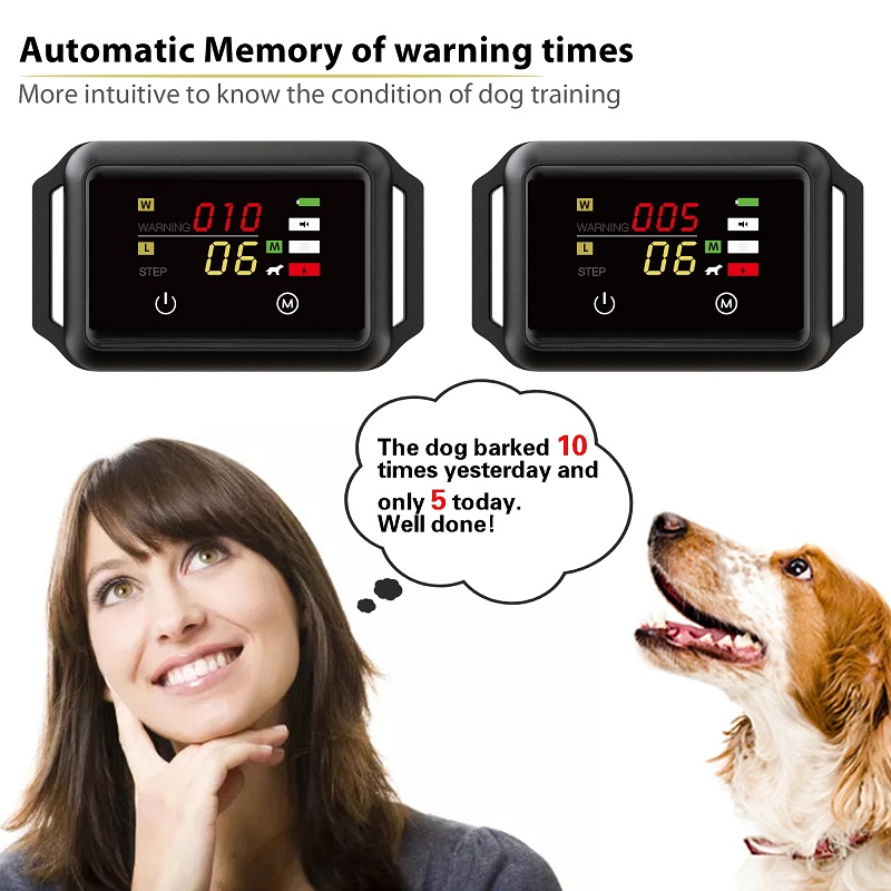 Intelligent Bark Collar, IP68 Waterproof Rechargeable Anti Bark Stop Bark Dog Collar with Beep Vibration Shock
