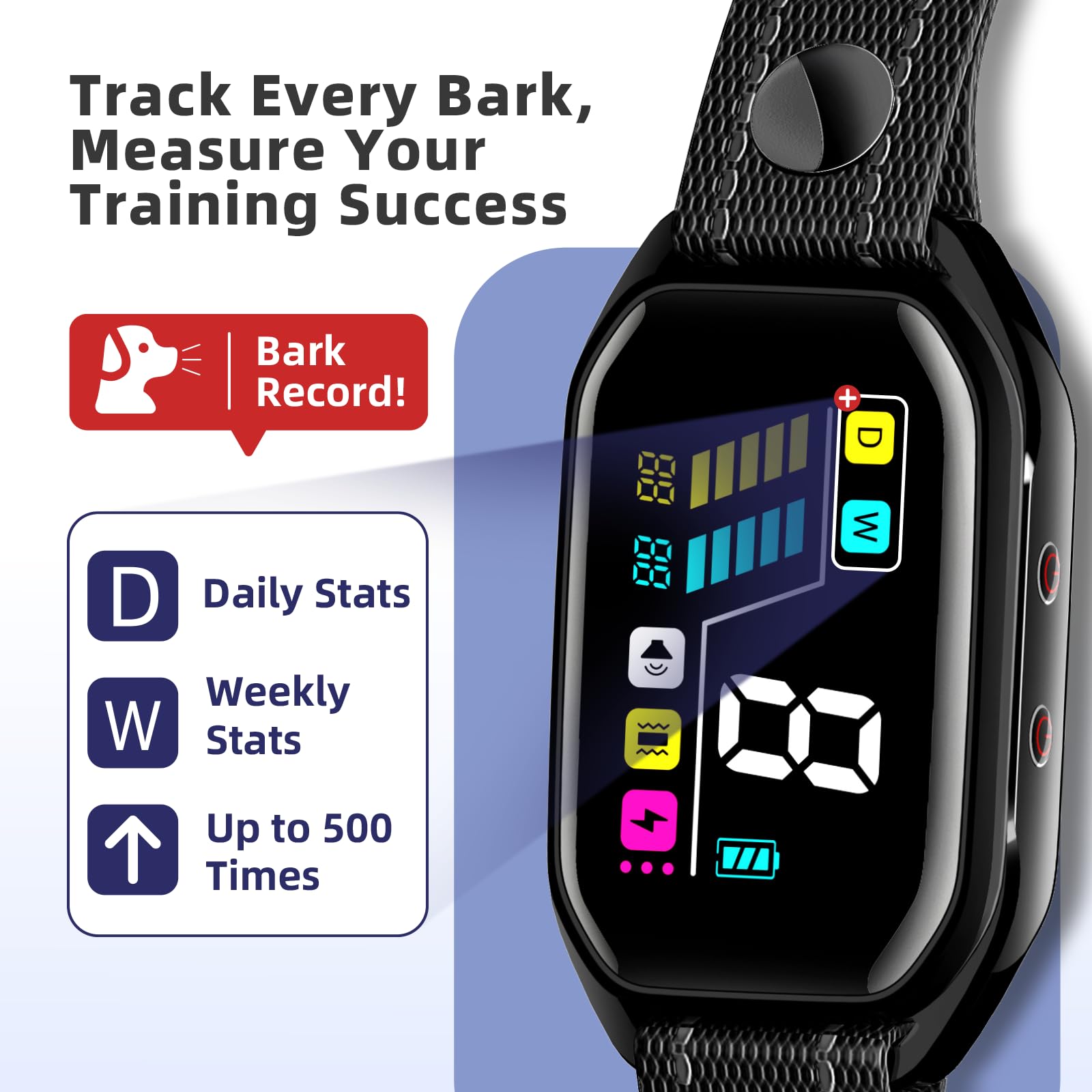 Rechargeable Anti Barking Dog Collar，Smart Collar with Bark Frequency Detection, 3 Sound Modes, Vibration/Static Shock, Suitable for All Dogs, IP67 Waterproof Colour Screen