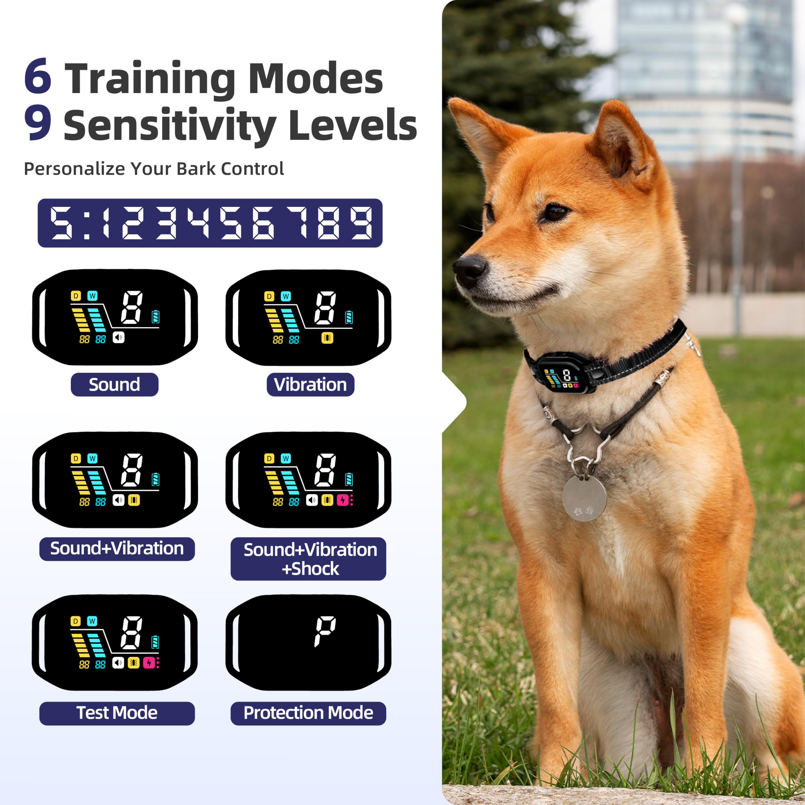 Rechargeable Anti Barking Dog Collar，Smart Collar with Bark Frequency Detection, 3 Sound Modes, Vibration/Static Shock, Suitable for All Dogs, IP67 Waterproof Colour Screen