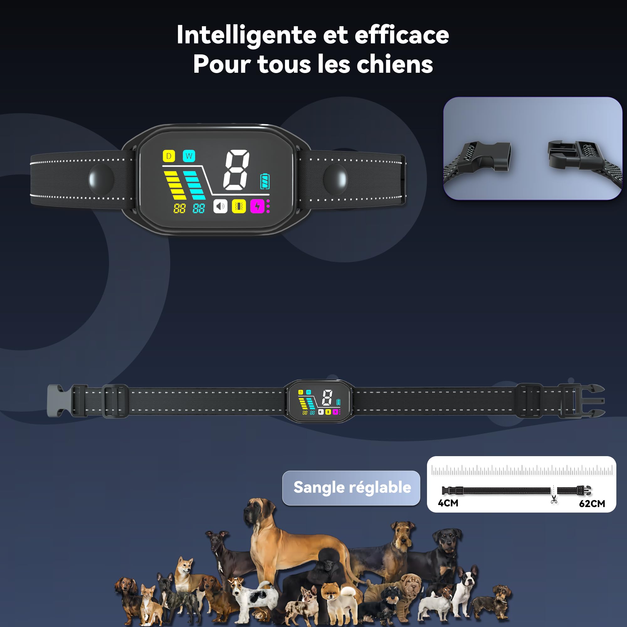 Rechargeable Anti Barking Dog Collar，Smart Collar with Bark Frequency Detection, 3 Sound Modes, Vibration/Static Shock, Suitable for All Dogs, IP67 Waterproof Colour Screen