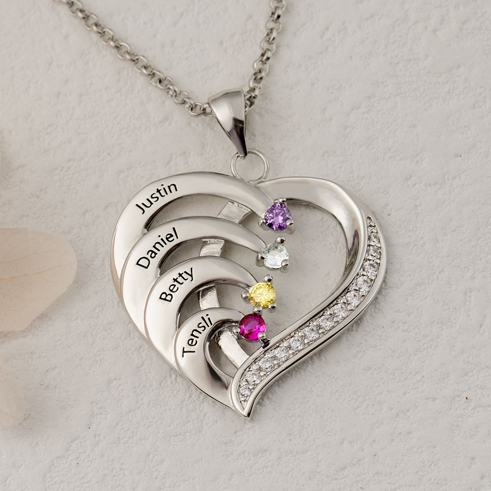 Personalised 1-6 Name Heart Necklace With Birthstone