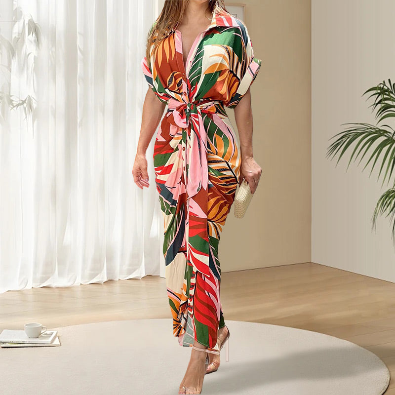 Printed Waist Cinching Shirt Dress