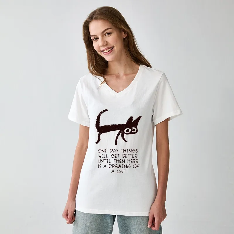 Magmoo Cat Cheer Up Drawing V-Neck Classic T-Shirt-Magmoo