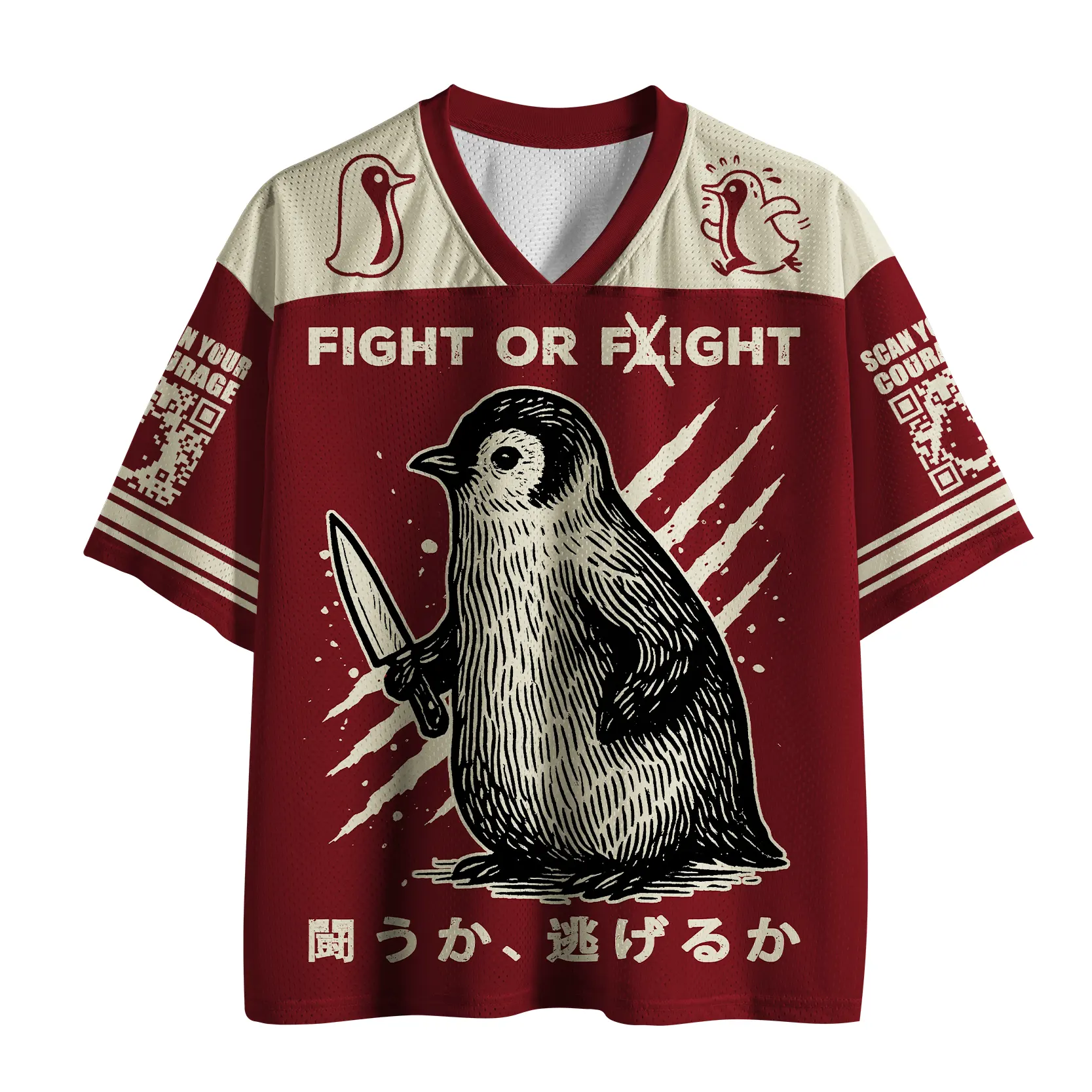 Magmoo  Cute Woodblock Penguin:Fight Or Flight Mesh Jersey-Magmoo