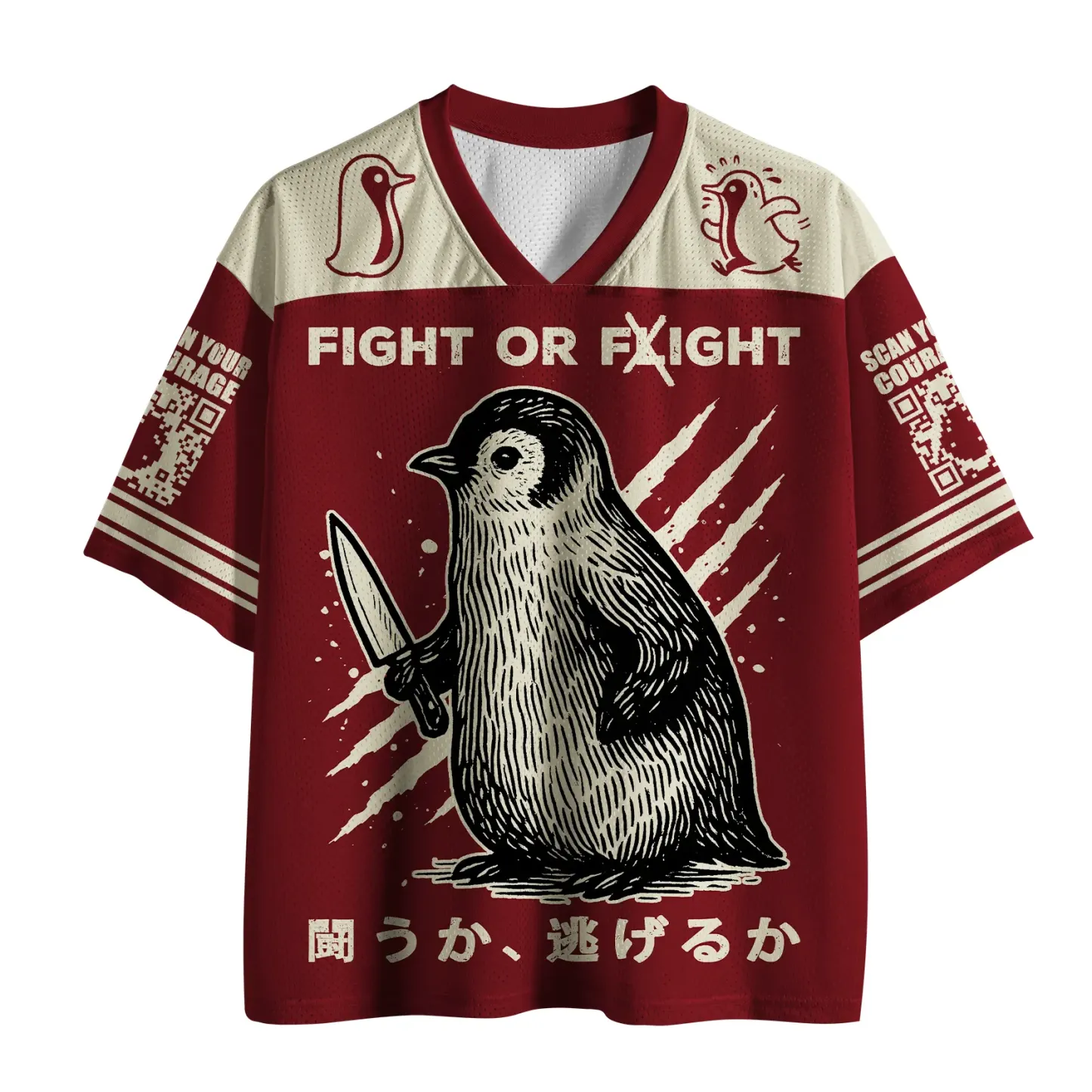 Magmoo  Cute Woodblock Penguin:Fight Or Flight Mesh Jersey-Magmoo
