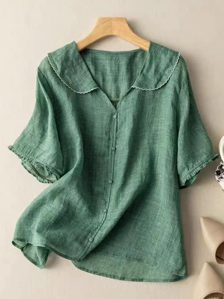 Women's Cotton Linen V-Neck Short Sleeve Shirt
