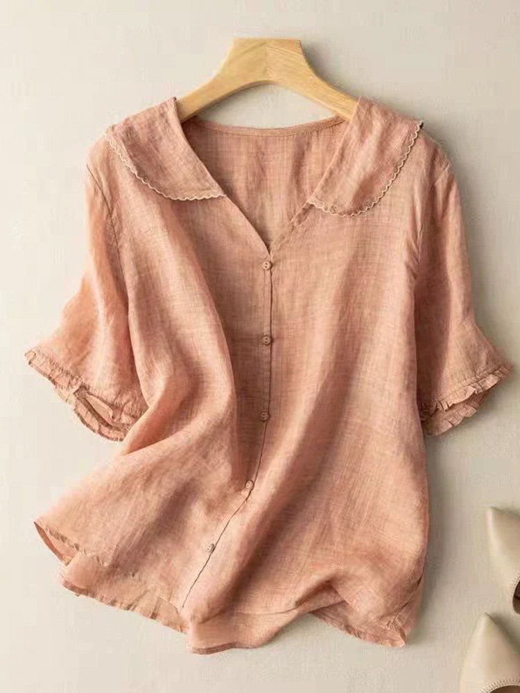 Women's Cotton Linen V-Neck Short Sleeve Shirt