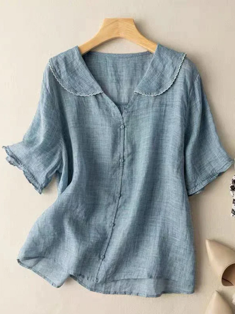 Women's Cotton Linen V-Neck Short Sleeve Shirt