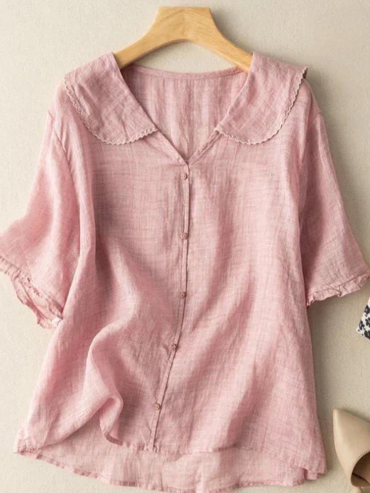 Women's Cotton Linen V-Neck Short Sleeve Shirt