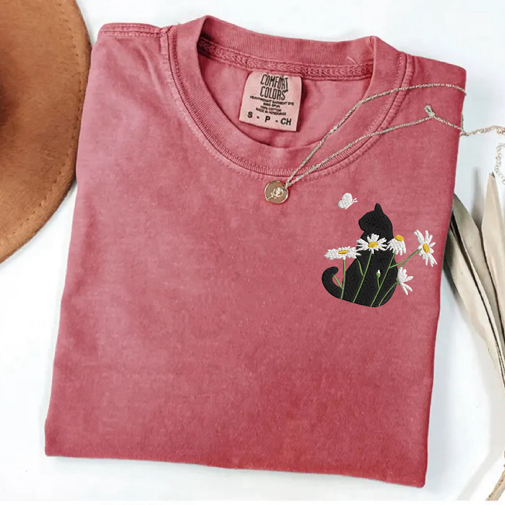 Embroidery Cute Cat Comfort Colors T-Shirt