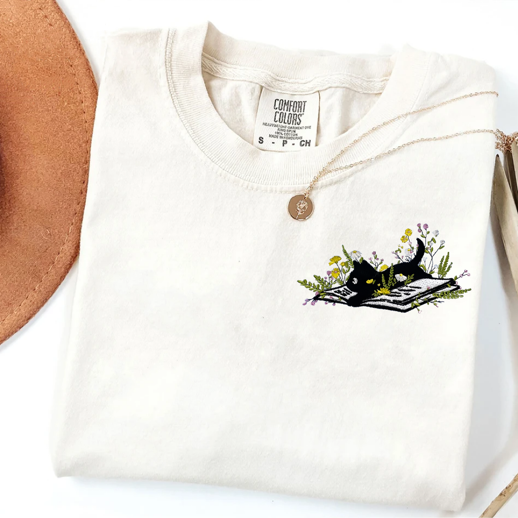 Embroidery Bookish Cat T-Shirt