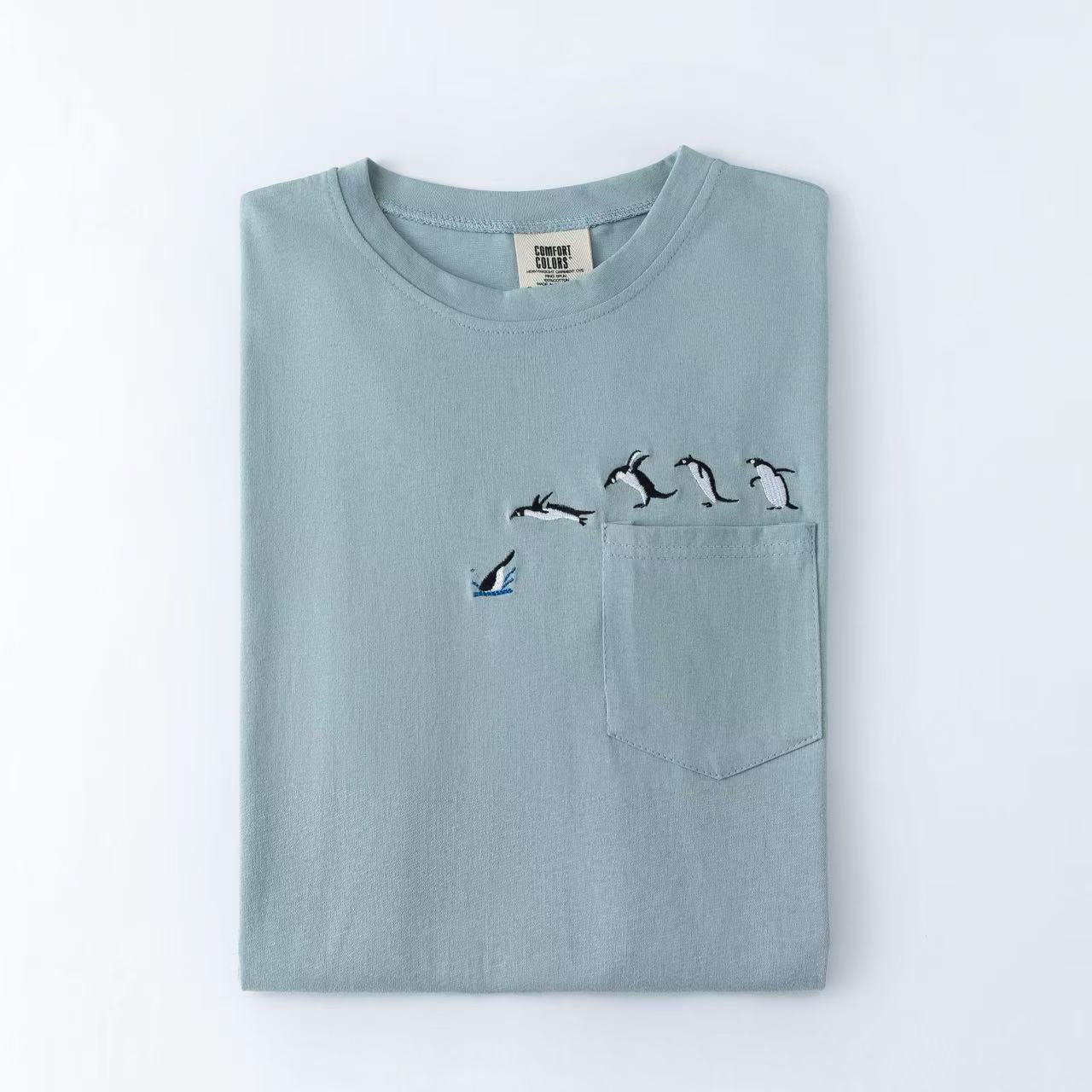 Embroidered Penguin Pocket T-shirt-Magmoo