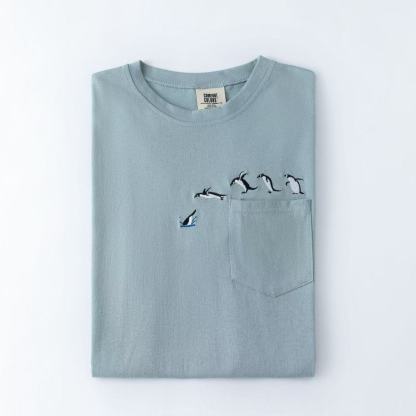 Embroidered Penguin Pocket T-shirt-Magmoo