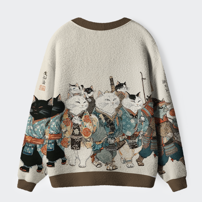 Magmoo Samurai Cats Assemble Ugly Cardigan Sweater