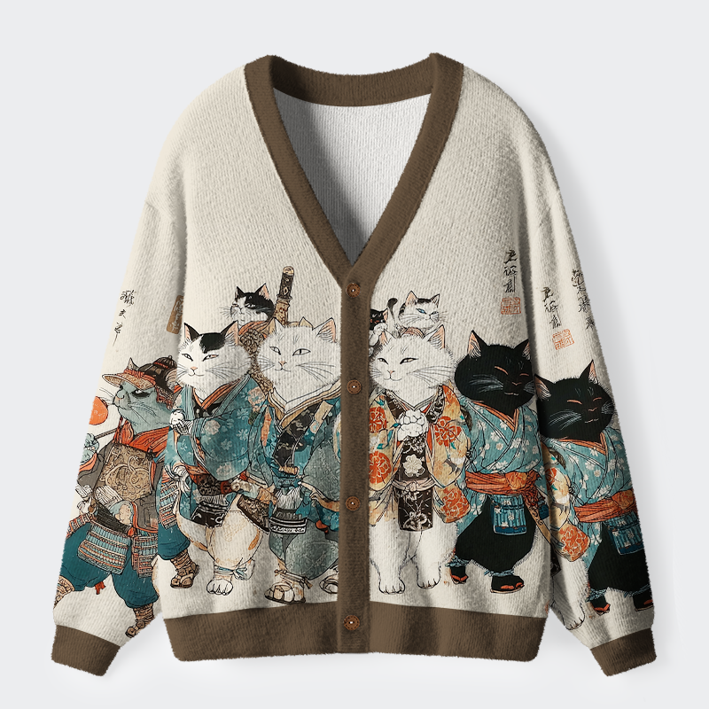 Magmoo Samurai Cats Assemble Ugly Cardigan Sweater