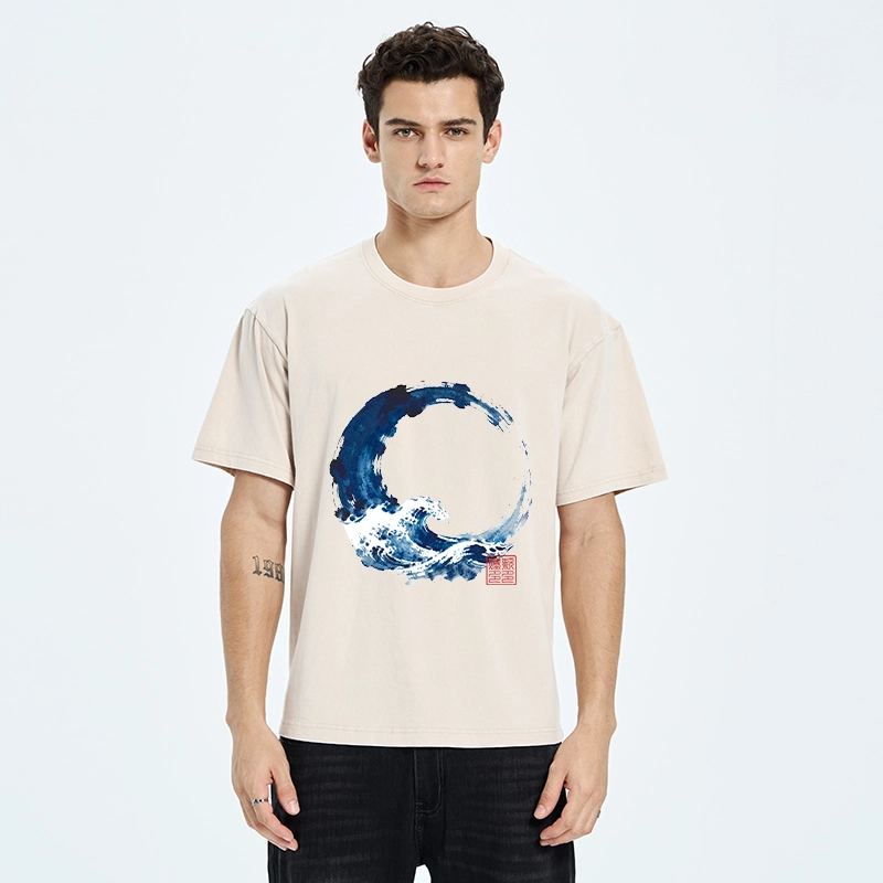 Magmoo Zen Circle Blue Wave Art Washed T-Shirt-Magmoo