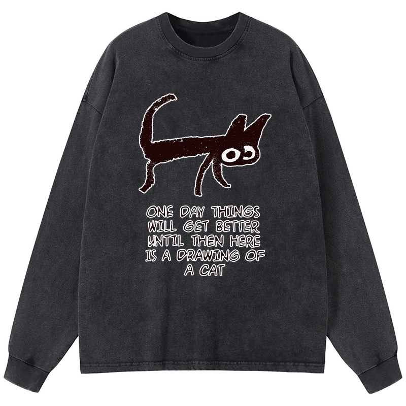 Magmoo Cat Cheer Up Drawing Washed Long Sleeve T-Shirt-Magmoo