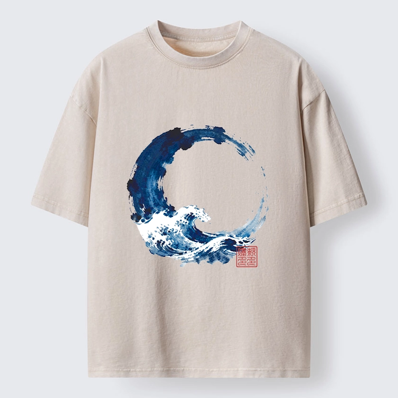 Magmoo Zen Circle Blue Wave Art Washed T-Shirt-Magmoo