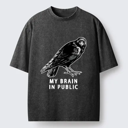 Magmoo Black Crow Public Brain Funny Art Washed T-Shirt