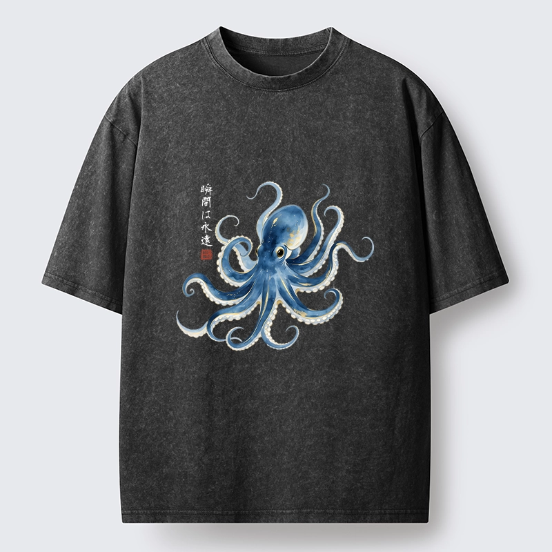 Magmoo Stylish Blue Octopus Japanese Washed T-Shirt