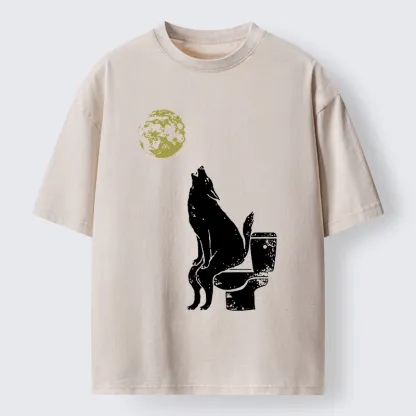 Magmoo Wolf Howling At Moon On Toilet Washed T-Shirt-Magmoo