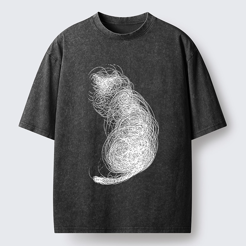 Magmoo Chaotic Line Art Of A Curled Cat Washed T-Shirt-Magmoo