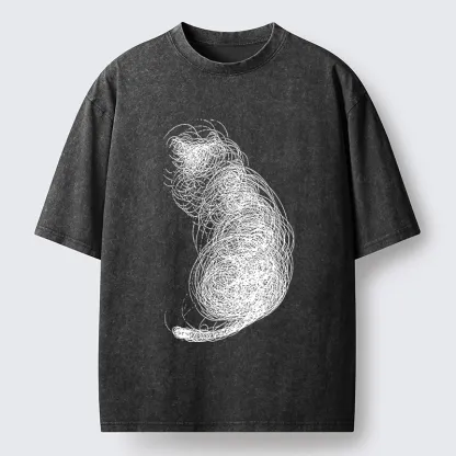 Magmoo Chaotic Line Art Of A Curled Cat Washed T-Shirt-Magmoo