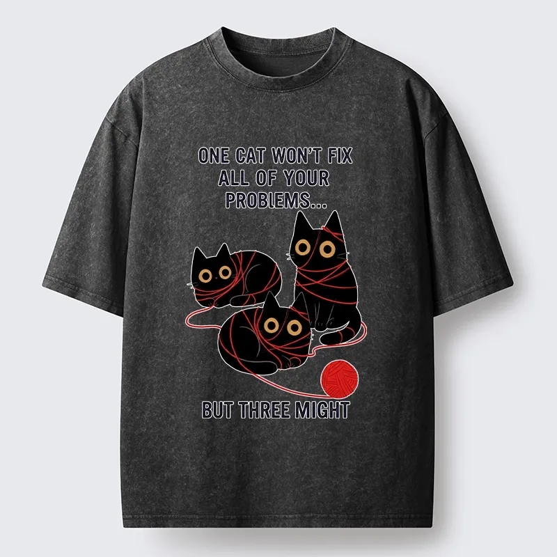Magmoo Three Cats Fix All Problems Washed T-Shirt