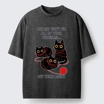 Magmoo Three Cats Fix All Problems Washed T-Shirt
