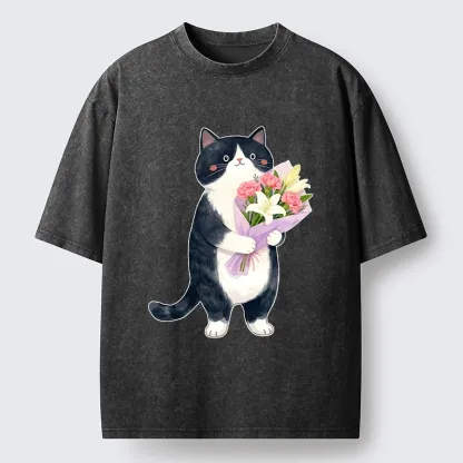 Magmoo Sweet Cat Delivers Flowers Washed T-Shirt-Magmoo