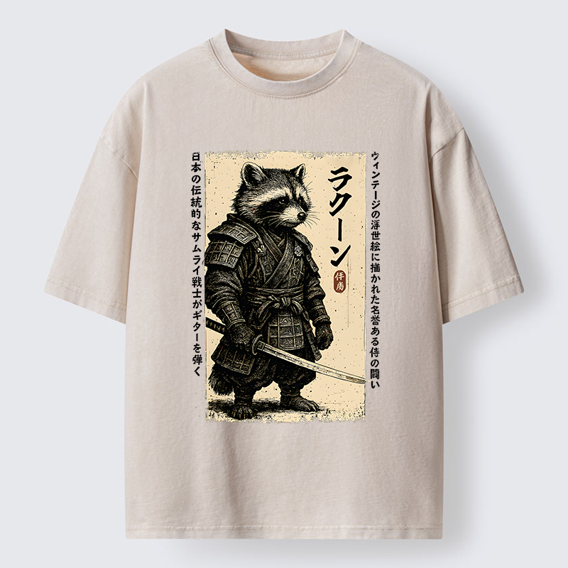 Magmoo Raccoon Japanese Samurai Washed T-Shirt